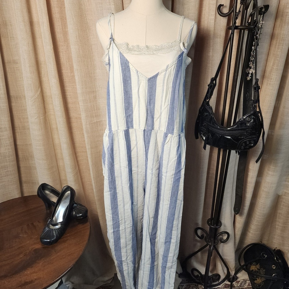 Madewell Linen Cotton Striped Jumpsuit‎ Large Blue White Spaghetti Strap